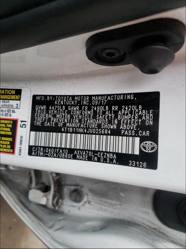 Photo 9 VIN: 4T1B11HK4JU025684 - TOYOTA CAMRY L 