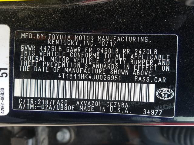 Photo 9 VIN: 4T1B11HK4JU026950 - TOYOTA CAMRY L 