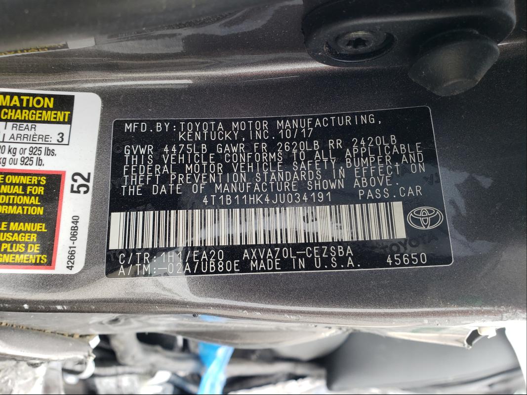 Photo 9 VIN: 4T1B11HK4JU034191 - TOYOTA CAMRY L 