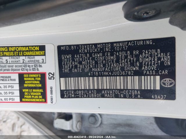 Photo 8 VIN: 4T1B11HK4JU036782 - TOYOTA CAMRY 