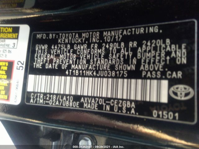 Photo 8 VIN: 4T1B11HK4JU038175 - TOYOTA CAMRY 