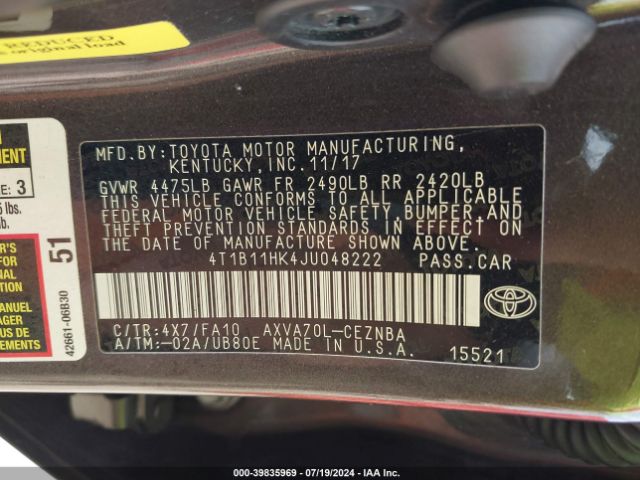 Photo 8 VIN: 4T1B11HK4JU048222 - TOYOTA CAMRY 