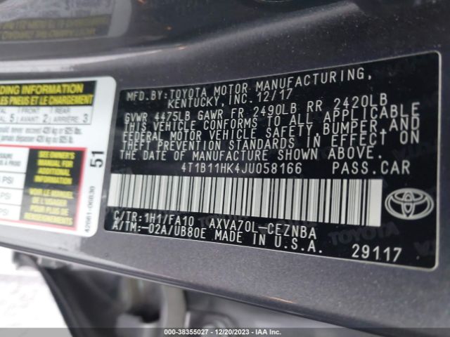 Photo 8 VIN: 4T1B11HK4JU058166 - TOYOTA CAMRY 