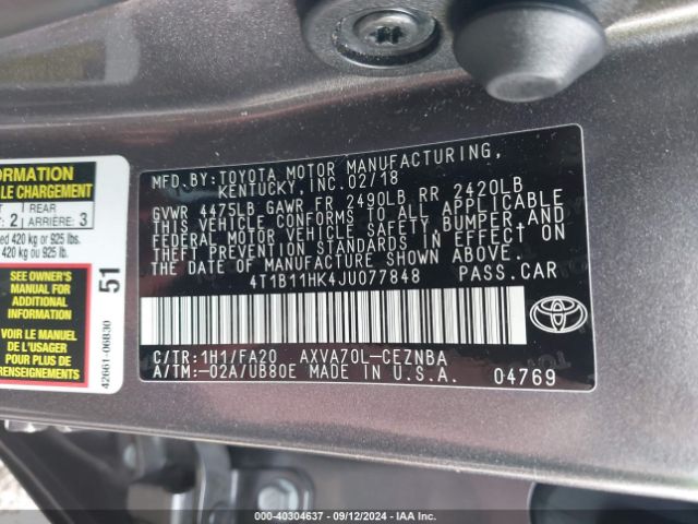 Photo 8 VIN: 4T1B11HK4JU077848 - TOYOTA CAMRY 