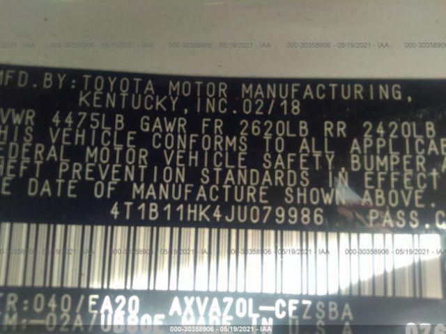 Photo 8 VIN: 4T1B11HK4JU079986 - TOYOTA CAMRY 