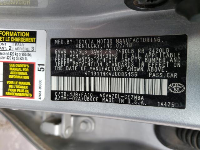 Photo 9 VIN: 4T1B11HK4JU085156 - TOYOTA CAMRY L 