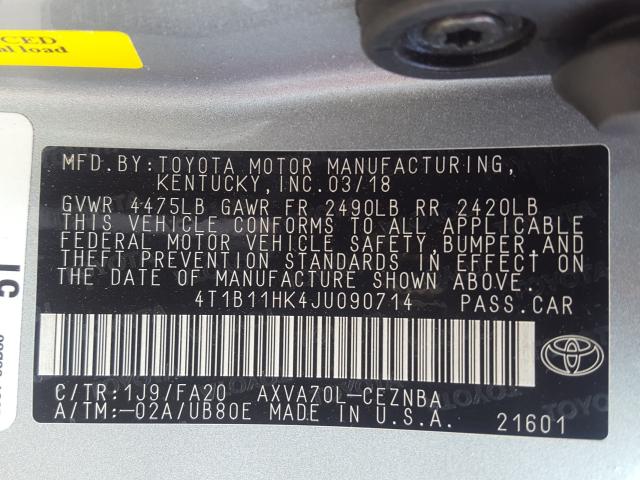 Photo 9 VIN: 4T1B11HK4JU090714 - TOYOTA CAMRY L 