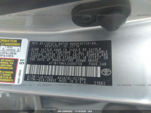 Photo 8 VIN: 4T1B11HK4JU090759 - TOYOTA CAMRY 