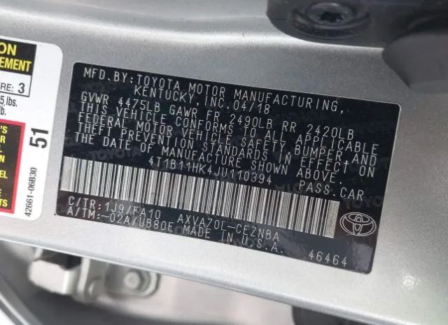 Photo 8 VIN: 4T1B11HK4JU110394 - TOYOTA CAMRY 