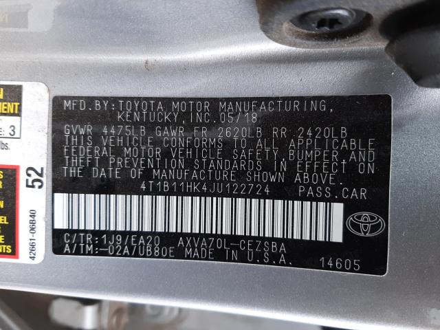 Photo 9 VIN: 4T1B11HK4JU122724 - TOYOTA CAMRY L 