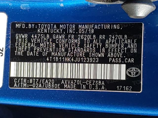 Photo 9 VIN: 4T1B11HK4JU123923 - TOYOTA CAMRY L 