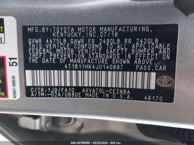 Photo 8 VIN: 4T1B11HK4JU140897 - TOYOTA CAMRY 