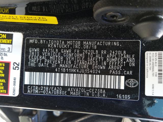 Photo 9 VIN: 4T1B11HK4JU154024 - TOYOTA CAMRY L 