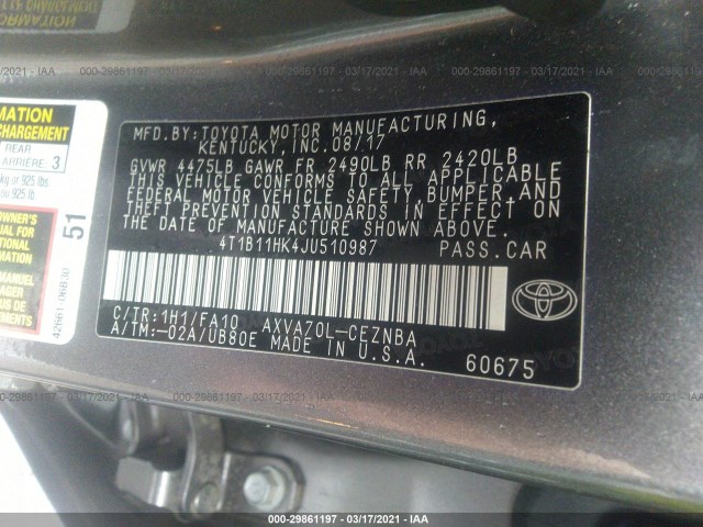 Photo 8 VIN: 4T1B11HK4JU510987 - TOYOTA CAMRY 