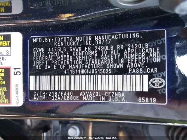 Photo 8 VIN: 4T1B11HK4JU515025 - TOYOTA CAMRY 