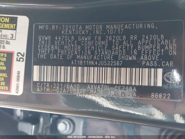 Photo 8 VIN: 4T1B11HK4JU532567 - TOYOTA CAMRY 