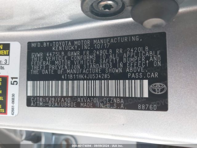 Photo 8 VIN: 4T1B11HK4JU534285 - TOYOTA CAMRY 