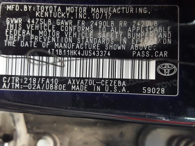 Photo 9 VIN: 4T1B11HK4JU543374 - TOYOTA CAMRY L 