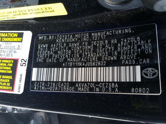 Photo 9 VIN: 4T1B11HK4JU562832 - TOYOTA CAMRY L 