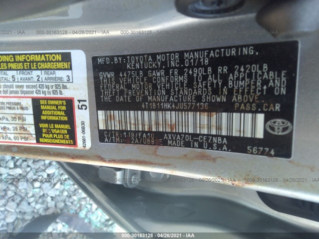 Photo 8 VIN: 4T1B11HK4JU577136 - TOYOTA CAMRY 