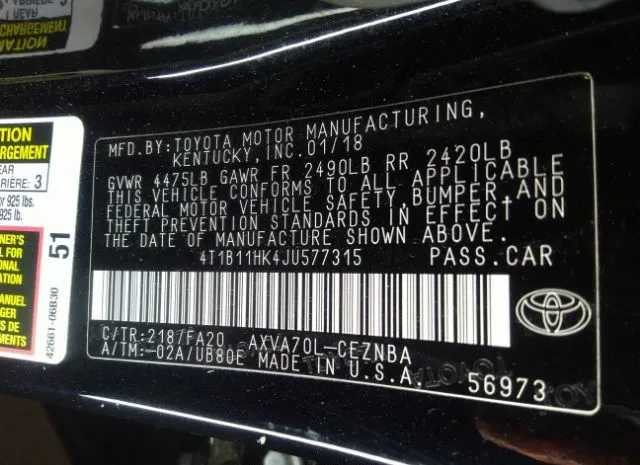 Photo 8 VIN: 4T1B11HK4JU577315 - TOYOTA CAMRY 