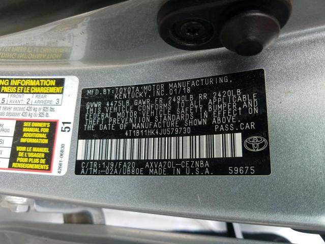 Photo 9 VIN: 4T1B11HK4JU579730 - TOYOTA CAMRY LE 