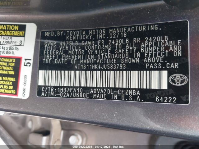 Photo 8 VIN: 4T1B11HK4JU583793 - TOYOTA CAMRY 