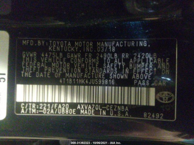 Photo 8 VIN: 4T1B11HK4JU599816 - TOYOTA CAMRY 