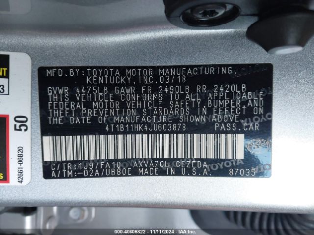 Photo 8 VIN: 4T1B11HK4JU603878 - TOYOTA CAMRY 