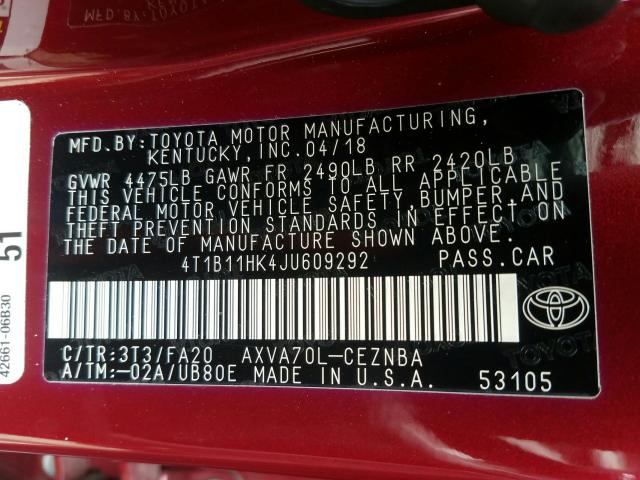 Photo 9 VIN: 4T1B11HK4JU609292 - TOYOTA CAMRY L 