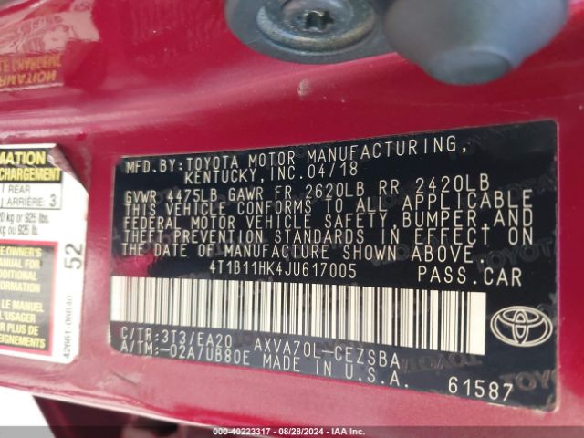 Photo 8 VIN: 4T1B11HK4JU617005 - TOYOTA CAMRY 