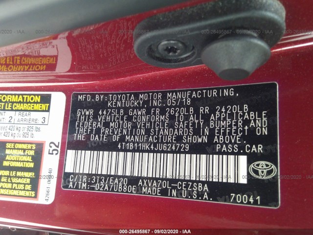 Photo 8 VIN: 4T1B11HK4JU624729 - TOYOTA CAMRY 