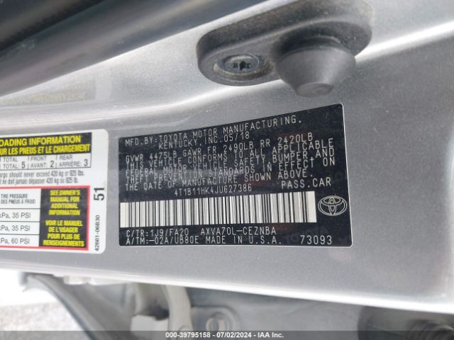 Photo 8 VIN: 4T1B11HK4JU627386 - TOYOTA CAMRY 