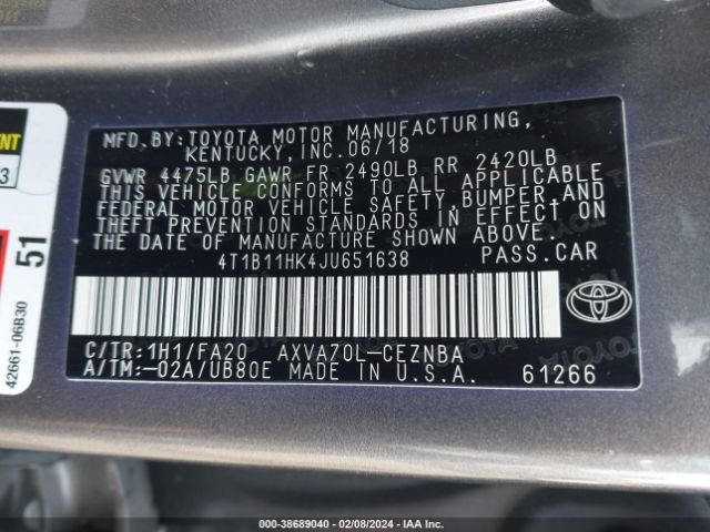 Photo 8 VIN: 4T1B11HK4JU651638 - TOYOTA CAMRY 