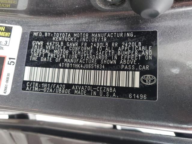 Photo 11 VIN: 4T1B11HK4JU651834 - TOYOTA CAMRY L 