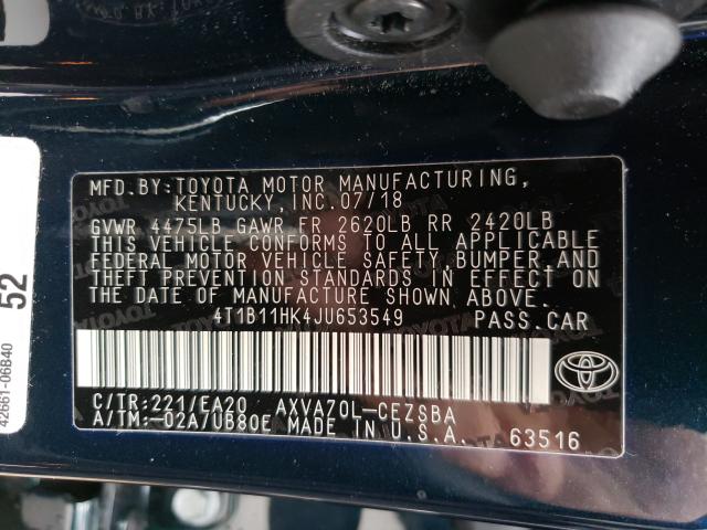 Photo 9 VIN: 4T1B11HK4JU653549 - TOYOTA CAMRY L 