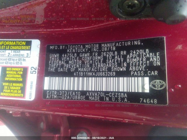 Photo 8 VIN: 4T1B11HK4JU663269 - TOYOTA CAMRY 