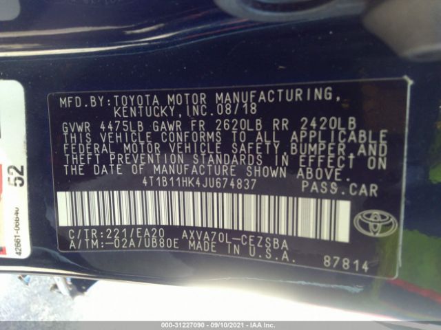 Photo 8 VIN: 4T1B11HK4JU674837 - TOYOTA CAMRY 