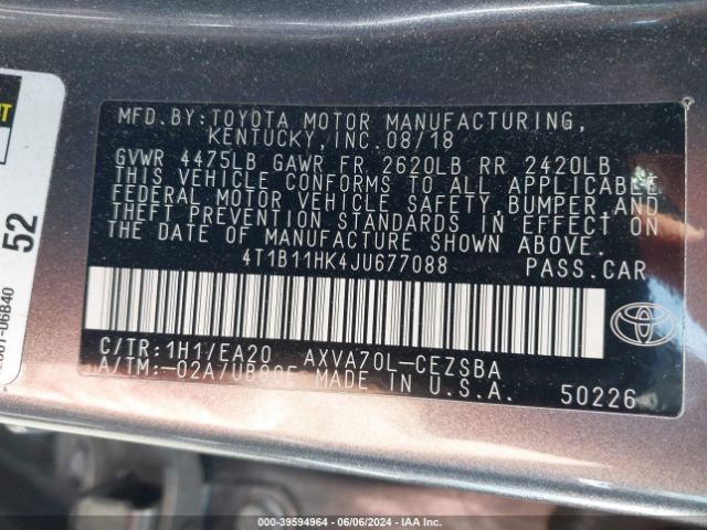 Photo 8 VIN: 4T1B11HK4JU677088 - TOYOTA CAMRY 