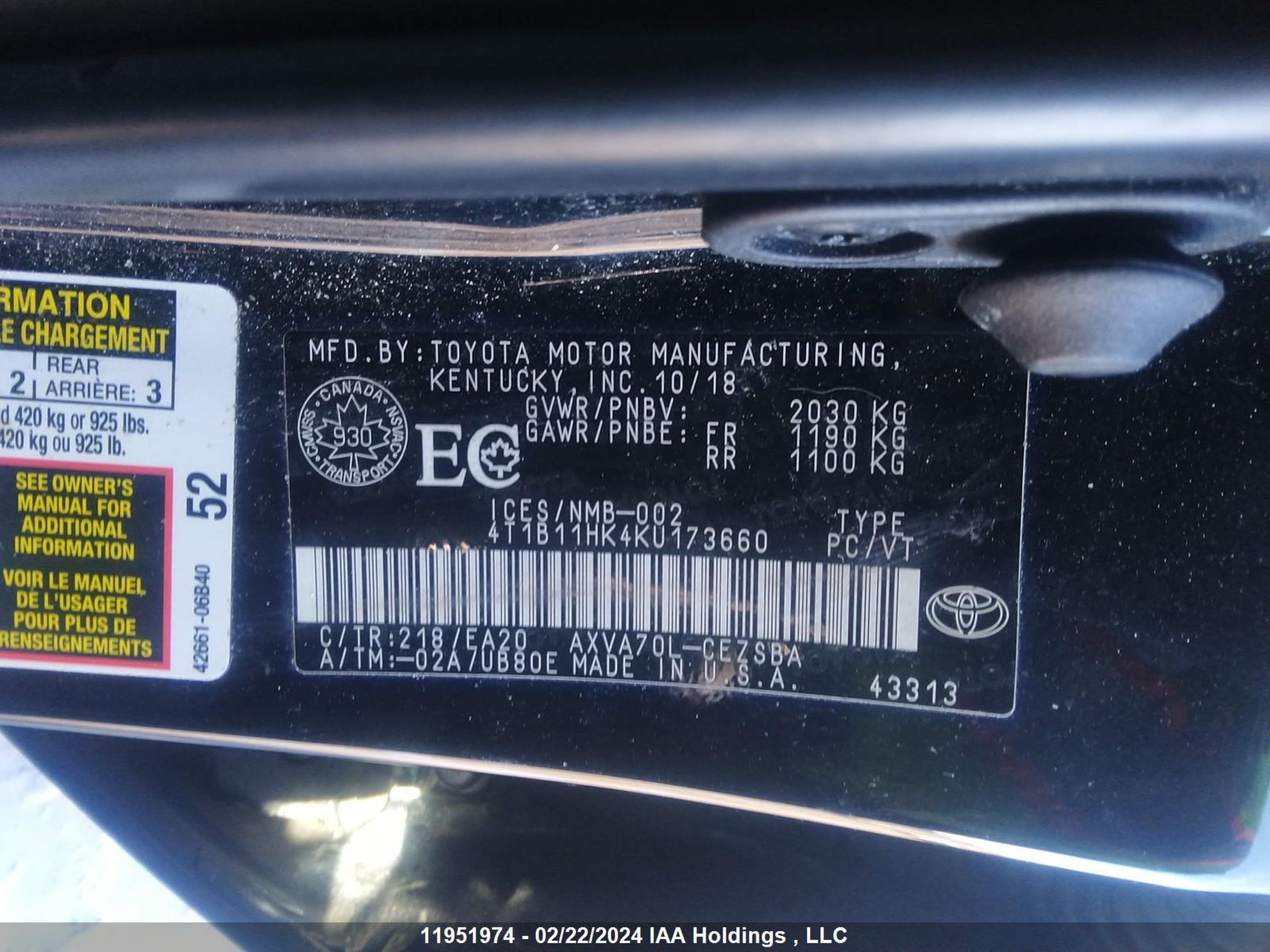 Photo 8 VIN: 4T1B11HK4KU173660 - TOYOTA CAMRY 