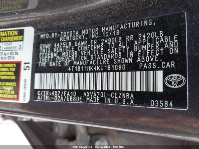 Photo 8 VIN: 4T1B11HK4KU181080 - TOYOTA CAMRY 