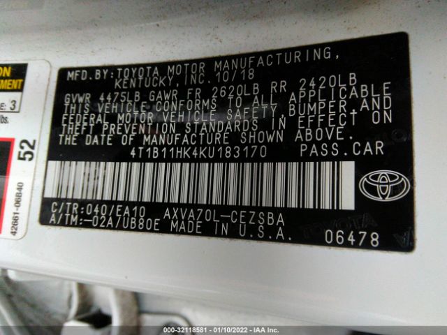 Photo 8 VIN: 4T1B11HK4KU183170 - TOYOTA CAMRY 