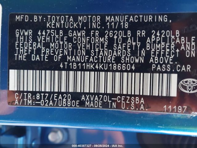 Photo 8 VIN: 4T1B11HK4KU186604 - TOYOTA CAMRY 