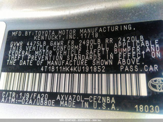 Photo 8 VIN: 4T1B11HK4KU191852 - TOYOTA CAMRY 