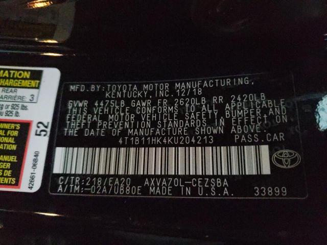 Photo 9 VIN: 4T1B11HK4KU204213 - TOYOTA CAMRY L 