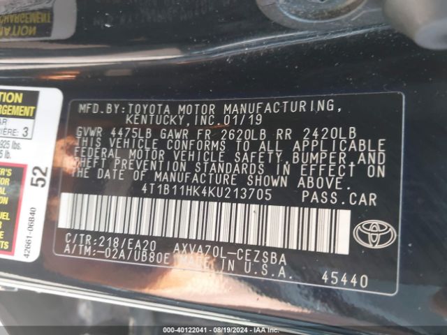 Photo 8 VIN: 4T1B11HK4KU213705 - TOYOTA CAMRY 