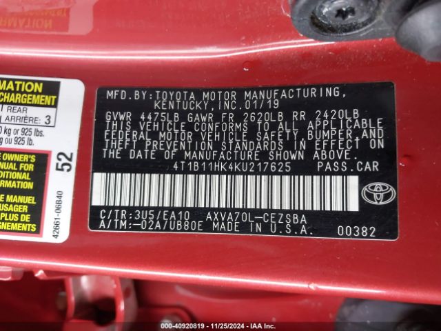 Photo 8 VIN: 4T1B11HK4KU217625 - TOYOTA CAMRY 