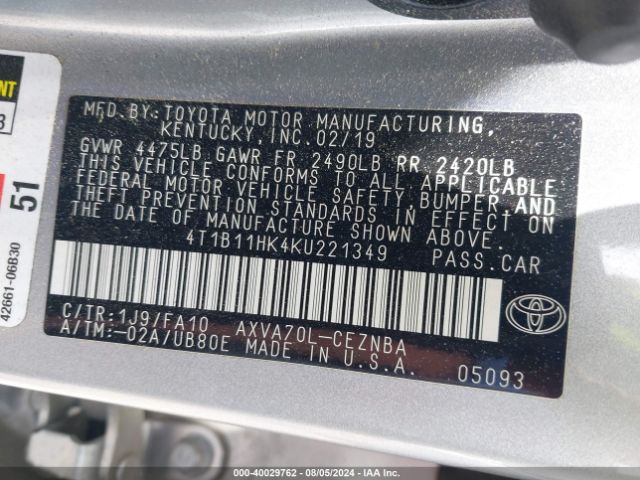 Photo 8 VIN: 4T1B11HK4KU221349 - TOYOTA CAMRY 