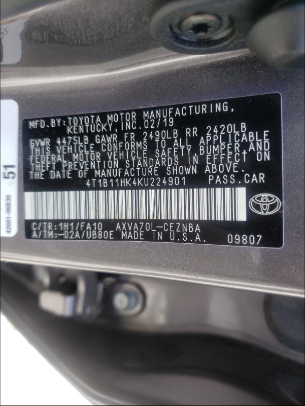 Photo 9 VIN: 4T1B11HK4KU224901 - TOYOTA CAMRY L 