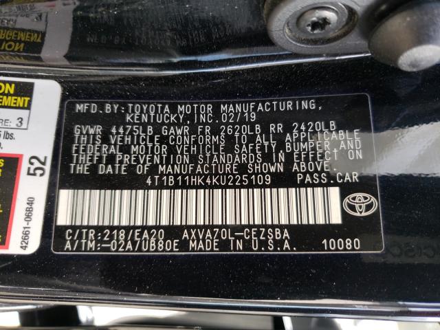 Photo 9 VIN: 4T1B11HK4KU225109 - TOYOTA CAMRY L 